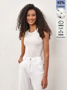 SHEIN BASICS 女款時尚百搭純色圓領細肩帶背心上衣，黑色女款上衣 - 白色 - 查看 7