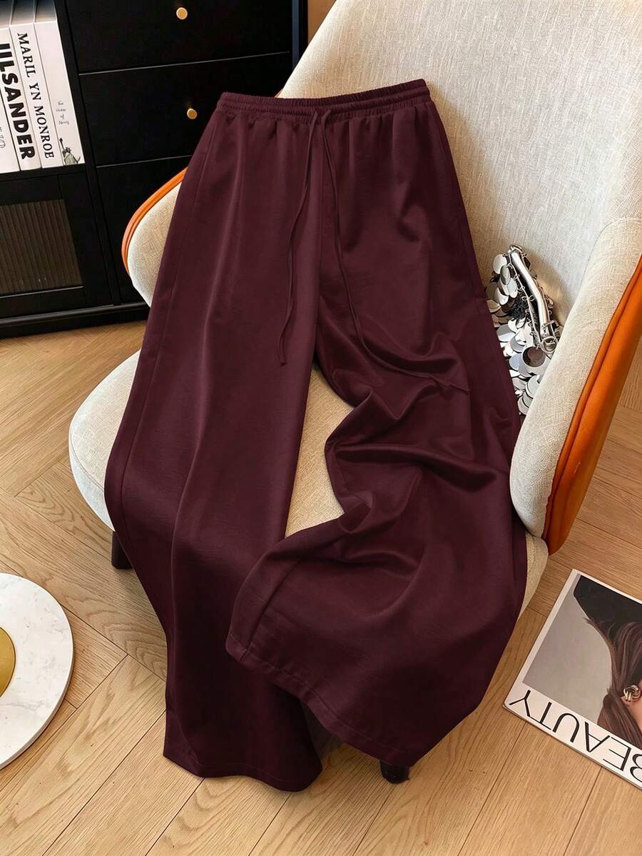 SHEIN Franclia 優雅休閒時尚直筒亮面梭織抽繩腰春夏女款白色長褲 - 紅色 - 查看 1