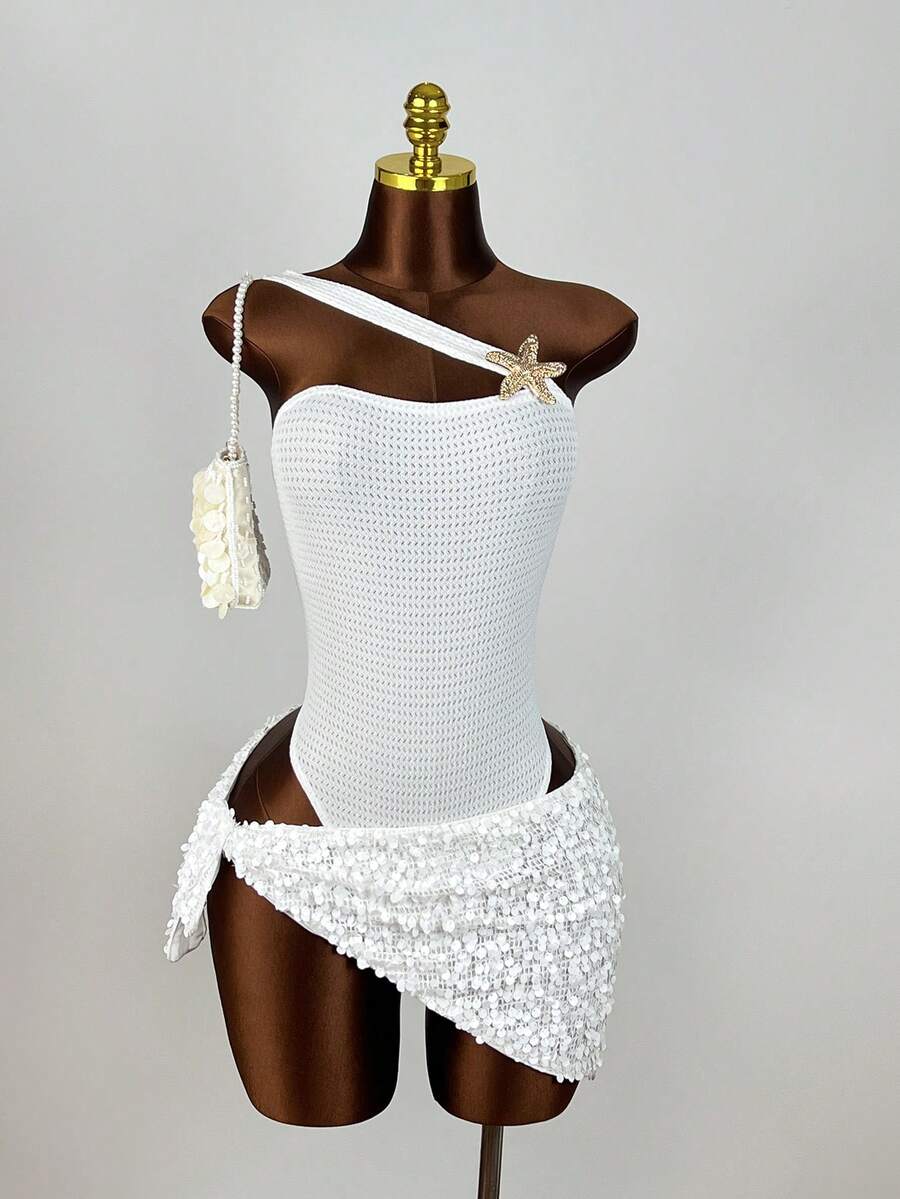 SHEIN Starfish Decor Hollow Sequin Jumpsuit Skirt Beach Party White Summer Breezy Sexy - Multicolor - View 1