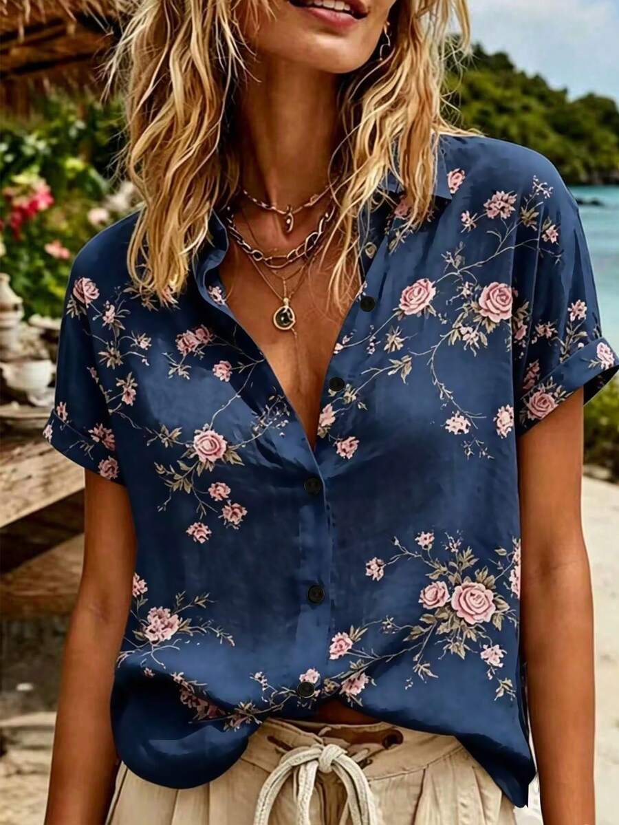 Breezaya Women's New Summer Floral Print Collared Short Sleeve Shirt, Retro Chic, French Elegant Versatile - Multicolor - View 1