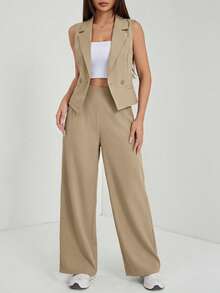 SHEIN PETITE 兩件式秋季女裝套裝 2件/組 素色無袖上衣與長褲 秋季服飾 - 卡其色 - 查看 4
