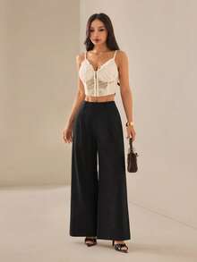 SHEIN PETITE Women's Solid Color Casual Versatile Wide Leg Pants For Daily Wear ,Petite Women - Black - View 5