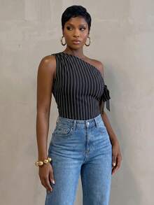 BamGlimmer Summer Oversized Sexy Rave Design Black And White Striped Sleeveless Asymmetrical Blouse For Women Vacation Club Night Out Date Night - Black and White - View 7