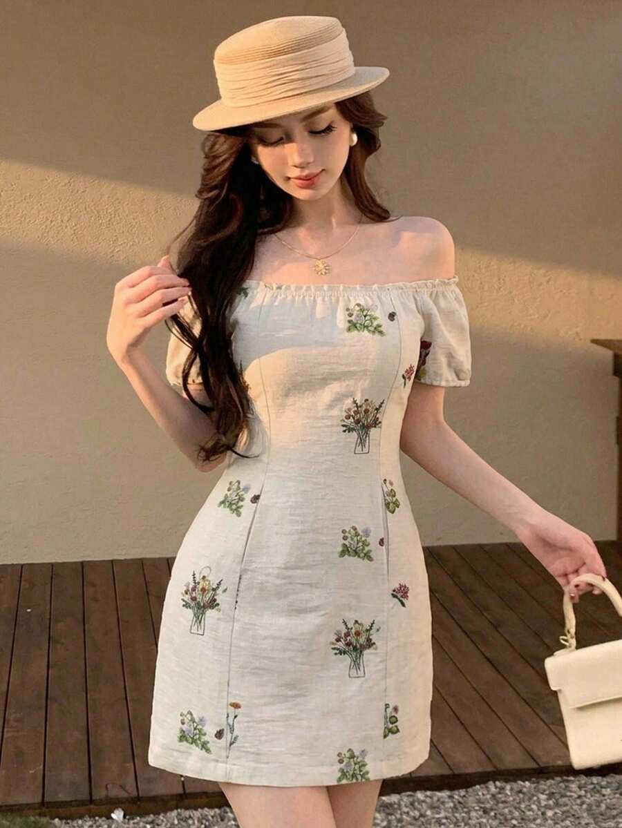 Joudiya 夏季花卉刺繡露肩女款短洋裝,適合婚禮宴會舞會、優雅通勤與度假 - 米色 - 查看 1