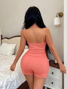 SHEIN 休閒極簡風女款細肩帶背心家居服套裝 - 西瓜粉 - 查看 2