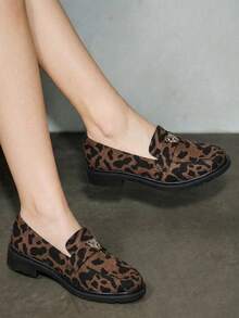 Bholvia 2025 Autumn Women's Elegant Flat Round Toe Brown Faux Deer Suede Embossed Black Leopard Print Loafers With Small Tiger Head Metal Buckle (Shoe Upper Pattern Random) - Multicolor - View 2