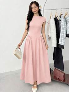 SHEIN Teen Girl Teen Girl Casual Minimalist Comfortable Cinched Waist Solid Color Long Dress - Pink - View 4