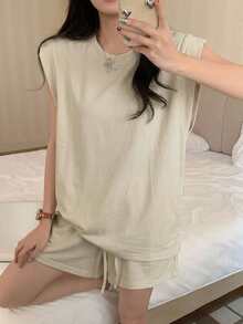 DAZY 2件組純色極簡無袖上衣與短褲套裝，女款夏季居家休閒服飾 - 杏色 - 查看 7