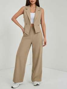 SHEIN PETITE 兩件式秋季女裝套裝 2件/組 素色無袖上衣與長褲 秋季服飾 - 卡其色 - 查看 5