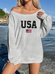 SHEIN EZwear 淺灰色女款露肩寬鬆休閒長袖衛衣 - 淺灰色 - 查看 3