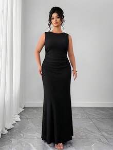 SHEIN Clasi Women's Elegant Formal Dress, Sleeveless Round Neck A-Line Silhouette, Ruched Waist Design, Solid Color Knit Fabric Cocktail Black Summer Evening - Black - View 5