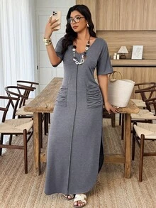 Weeklong Vestido de punto casual con cuello en V, rayas, bolsillos dobles, fruncido y abertura en el bajo para mujer talla grande, primavera/verano - Gris - View 5