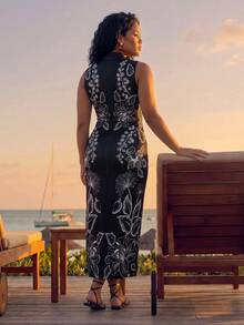 CAJUNI Plus Size Women's Floral Print Fashionable Elegant Vacation Dress - Black and White - View 2