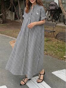 FRIFUL Women's Summer New Plaid Embroidery Print Pleated Loose Casual Versatile Long Dress Sundress - Black and White - View 2