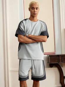 SWAVVY 1 套男士时尚休闲不对称拼色宽松 T 恤和短裤夏季服装，适合日常穿着，舒适服装 - 灰色 - 查看 5