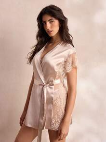 Charlaine Women's Sweet Satin & Lace Patchwork Tie-Front Robe - Khaki - View 6