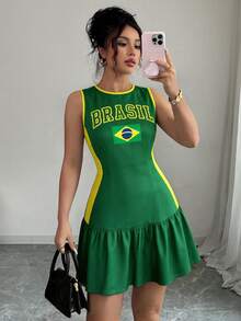 SHEIN Clasi 畢業季足球運動最新波希米亞風女款法式優雅編織花卉印花圓領無袖收腰迷你洋裝，度假穿搭，夏季穿搭，春夏 - 綠色 - 查看 4