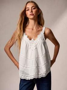 Willow Rêve Women's Beige Lace Loose Camisole Top, Romantic Vacation Style, Valentine's Day, Boho Style, Suitable For Dating, Picnic, Lace Top - White - View 3