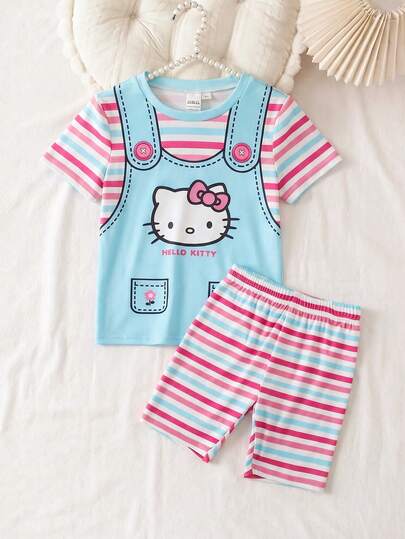 HELLO KITTY AND FRIENDS | SHEIN 女童條紋拼接卡通印花上衣與短褲貼身家居服套裝