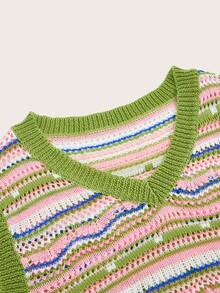 Wildy BOHO Casual Western Country Green And Pink Color Block V-Neck Knit Top, Versatile Summer Everyday Wear Holiday Vacation Green And White Outfit Women - Multicolor - View 5