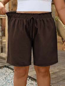 Comfylo Plus Size Solid Color Drawstring Waist Ruched Casual Versatile Daily Shorts - Brown - View 5