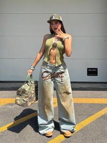 Coolane 女款夏季街頭風外出演唱會 Y2K 牛仔女郎休閒復古水洗寬腿低腰圖案棉質香蕉哈倫褲 - 中等水洗藍 - 查看 4