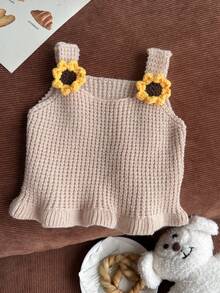 Baby Girl Crochet 3D Floral Decor Ruffle Hem Knit Vest Back-To-School - Beige - View 3