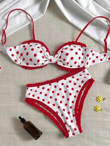 Swim Mod Setelan Baju Renang Wanita: Atasan Model Bandeau Berkerut Motif Polkadot dan Bawahan Bikini Segitiga Berkerut Pinggang Tinggi - MultiWarna - View 3