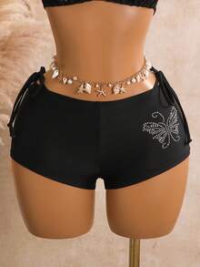 Swim Mod Conjunto de 3 piezas de bikini para mujer con top triangular y braguita triangular, nuevo, negro, con patrón de mariposa y pedrería - Negro - Ver 8