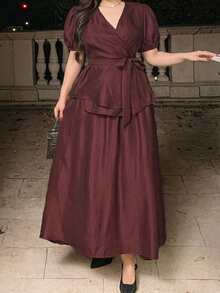 Dazy Plus Spring/Summer Women's Elegant Solid Color V-Neck Belted Shirt & A-Line Skirt 2-Piece Set, Plus Size - Burgundy - View 5