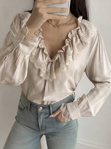 Livesso Women's Elegant Solid Color Lace Trim Ruffle Blouse Vacation - Apricot - View 6