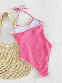 SHEIN Swim 女款一件式泳衣 深棕色3D紋理面料搭配奶油白鉤編飾邊 掛脖繫帶 開背 高衩 貼身 復古度假風 春季復活節海灘沿海假期時尚造型 深棕底色配3D蜂巢紋理 奶油白對比鉤編飾邊 掛脖繫帶設計 開背高衩剪裁 復古度假風 適合春季復活節海灘衝浪沿海旅行攝影假期出遊 打造時尚慵懶高級感 - 玫紅色 - 查看 5