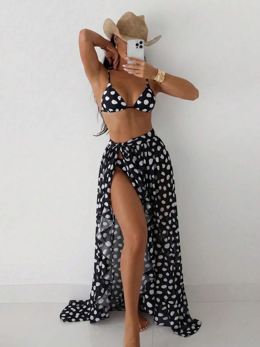 Swim SXY 夏季女款三件式海灘套裝 漸層印花細肩帶三角比基尼上衣 比基尼下褲 黑白波點性感沙灘罩衫 - 黑與白 - 查看 1
