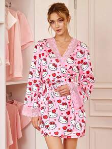 HELLO KITTY AND FRIENDS | SHEIN 女款卡通印花蕾絲拼接睡裙 - 粉色 - 查看 5
