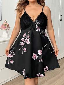 SHEIN CURVE+ 性感蕾絲拼接仿絲印花細肩帶洋裝 大尺碼 - 黑色 - 查看 4