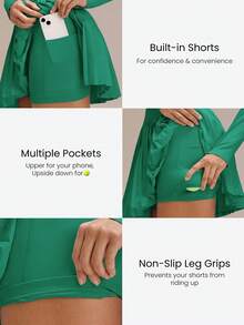 GLOWMODE Swing And Shine Lightweight Sweat-Wicking Quick-Dry UPF 50+ Odor Control Built-In Shorts Side Pockets Pleated Tennis Skirt Golf Pickleball Daily Casual Wear - Fresh Green - View 3