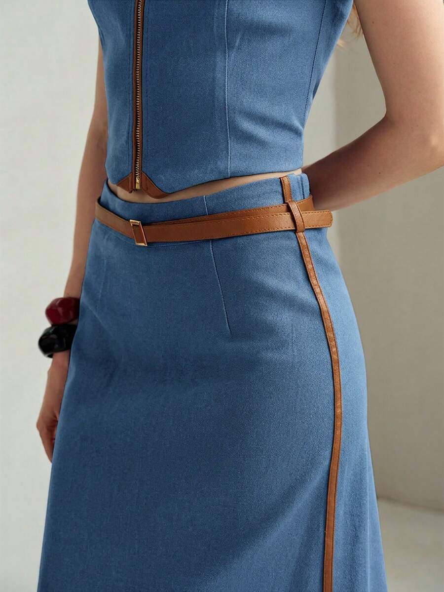 MOTF PREMIUM CONTRAST TRIM SLIT DENIM SKIRT - Medium Wash - View 2