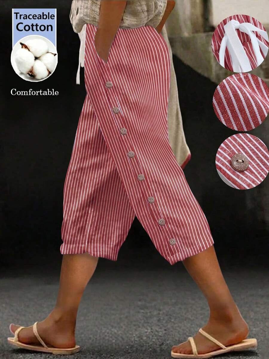 SHEIN LUNE CURVE Pantalones largos de mujer talla grande de algodón y lino a rayas, casuales y cómodos, básicos para primavera/verano, de uso diario, vacaciones y playa, con decoración de botones, pantalones capri para mujer - Rojo - Ver 1