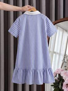 青少年女孩 Polo 領條紋刺繡圖案短袖中長洋裝，適合青少年女孩，對比色荷葉領花瓣袖印花洋裝，適合學校、戶外活動、購物，鈕扣洋裝童裝 - 寶藍色 - 查看 8