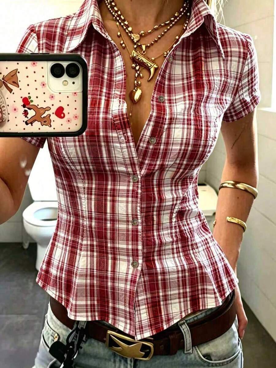 IslaSuriya 女士 Polo 领短袖修身衬衫 - 酒紅色 - 查看 1