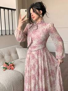 Modelyn 女士蓝色系带领褶皱腰身连衣裙，适合春秋季户外穿着 - 粉色 - 查看 8