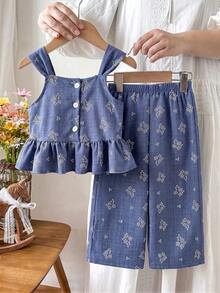 Setelan 2 Potong Atasan Camisole dan Celana Longgar untuk Anak Perempuan, Nyaman, Kasual, Tebal, Bertekstur, Motif Cetak, Bordir Imitasi, Kancing Depan, Hem Berkerut, Sederhana dan Elegan, Cocok untuk Acara Musim Semi/Panas, Bepergian, Liburan, Berbagai Kesempatan dan Pakaian Sehari-hari - Biru - View 6