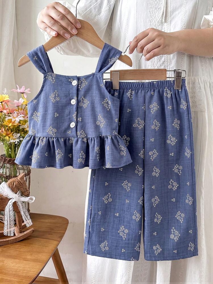 Girls' Comfortable Casual Regular Thickness Textured Print Faux Embroidery Fabric Front Button Ruffle Hem Camisole Top And Loose Pants 2-Piece Set, Simple And Elegant, Suitable For Spring/Summer Outings, Travel, Vacation, Various Occasions And Daily Wear - Blue - View 5