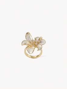 Opalesca 18K Gold-Plated Chrysanthemum-Shaped Pearl Inlaid Zirconium Niche Exquisite Fashion Ring - Yellow Gold - View 5