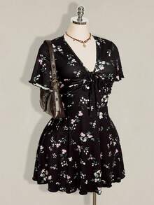 SHEIN ICON 大尺碼女款花卉印花休閒約會派對洋裝 - 黑色 - 查看 4