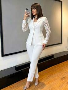SHEIN Lady 白色蕾絲袖西裝外套與寬腿長褲套裝，翻領單扣優雅專業長袖辦公面試套裝，兩件式夏季套裝 - 白色 - 查看 5