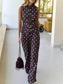 Nöista Polka Dot Wide-Leg Trousers With High Waist For Casual Summer And Vacation Styling - Brown - View 5