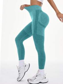 Gameset SHEIN Sport 女款高腰日常健身運動緊身褲 - 綠色 - 查看 4