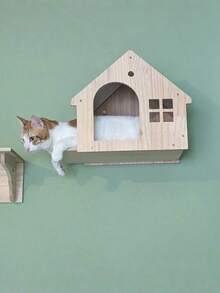 Solid Wood Wall-Mounted Cat Climbing Frame With Integrated Platform, Scratching Board, Cat Tree, Condos, Wall Nest And Scratching Post. Provides A Dedicated Space For Cats To Play, Climb, Sharpen Claws And Rest Comfortably. - apricot - View 4