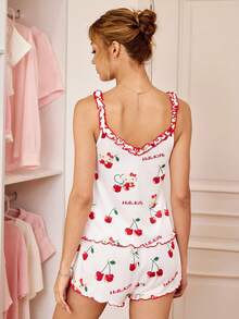 HELLO KITTY AND FRIENDS | SHEIN Women's Cartoon Pattern Print Letter Ruffle Trim Tank Top And Shorts Pajama Set - Red and White - View 2